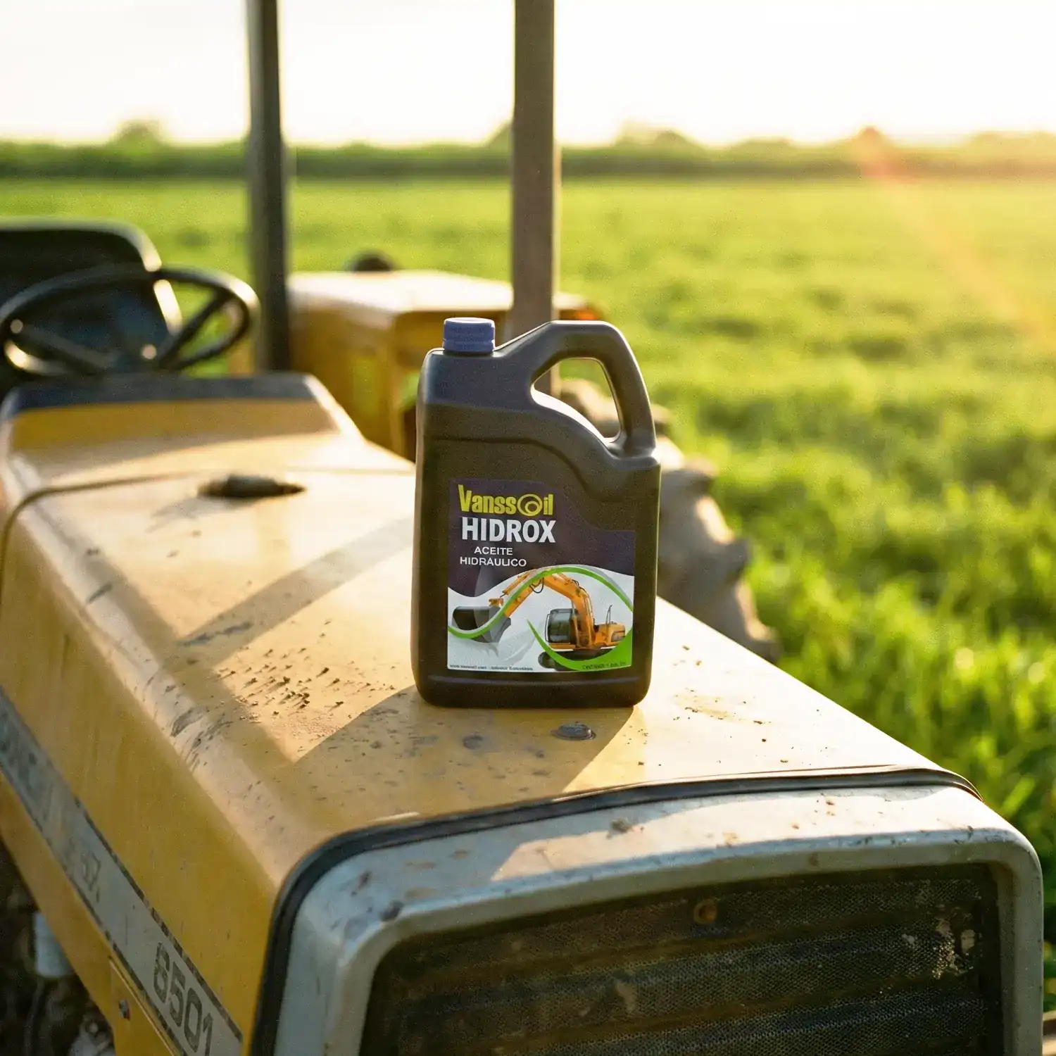 galon iso aceite industrial vanssoil encima de un tractor