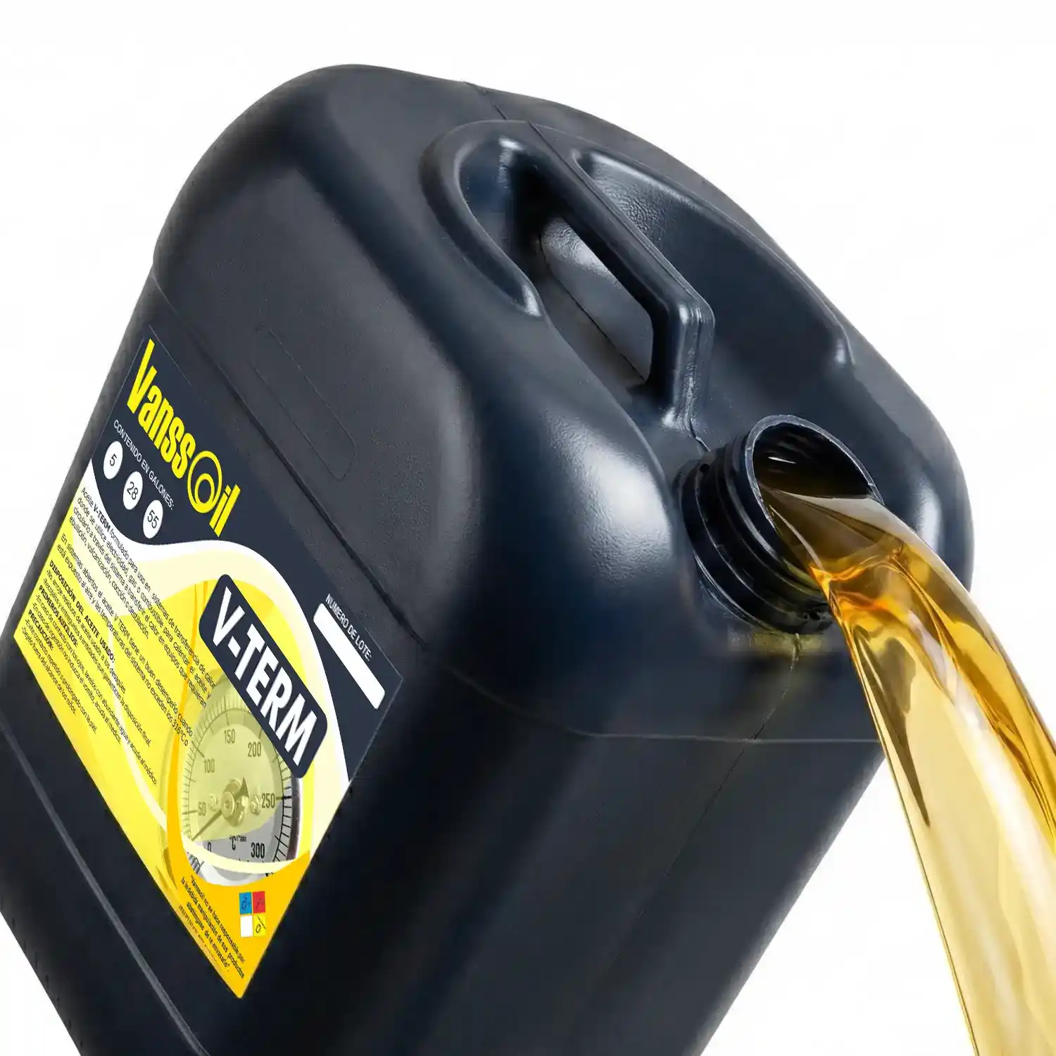 garrafa aceite industrial termico de vanssoil hechando aceite fondo blanco