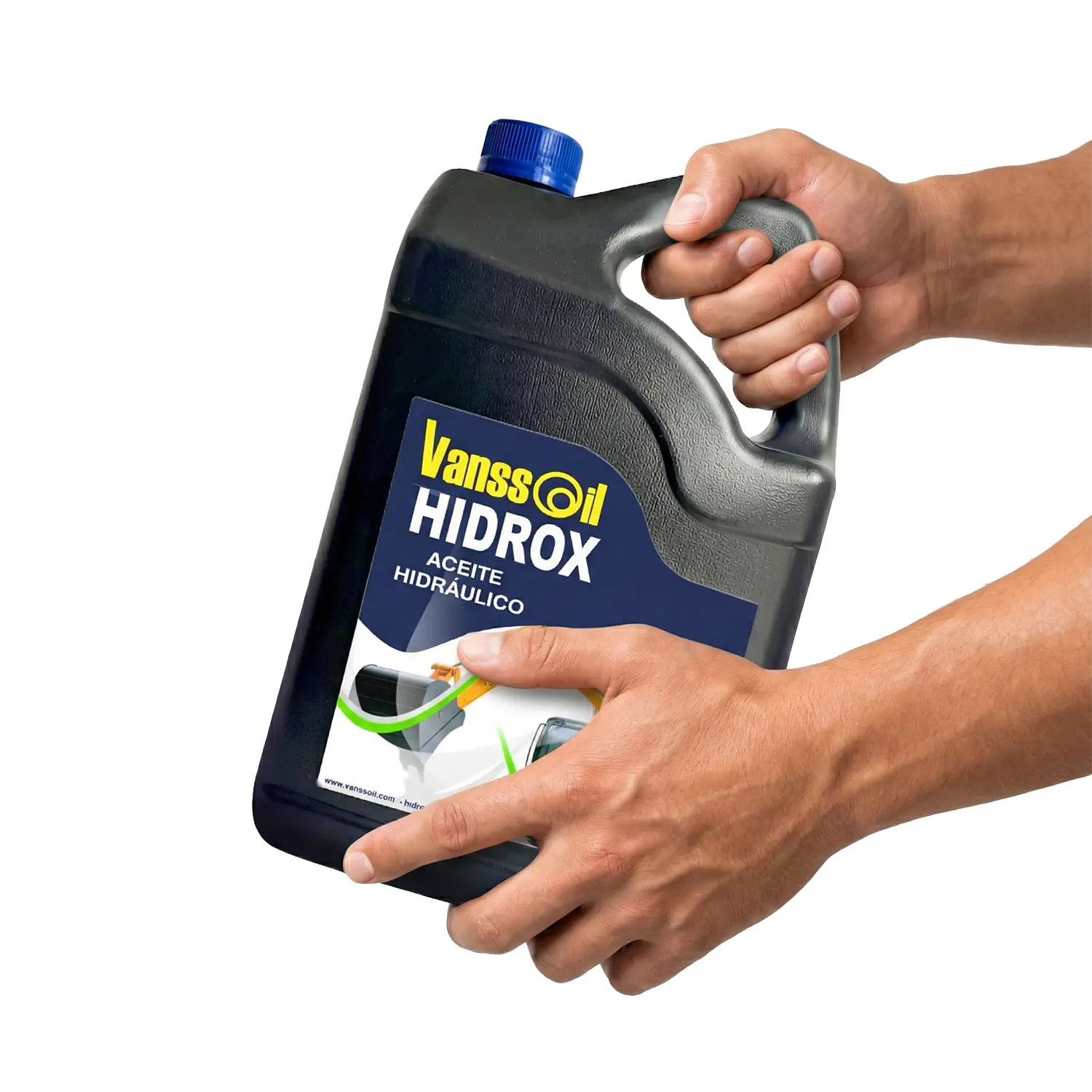 manos de un hombre sosteniendo galon aceite industrial vanssoil