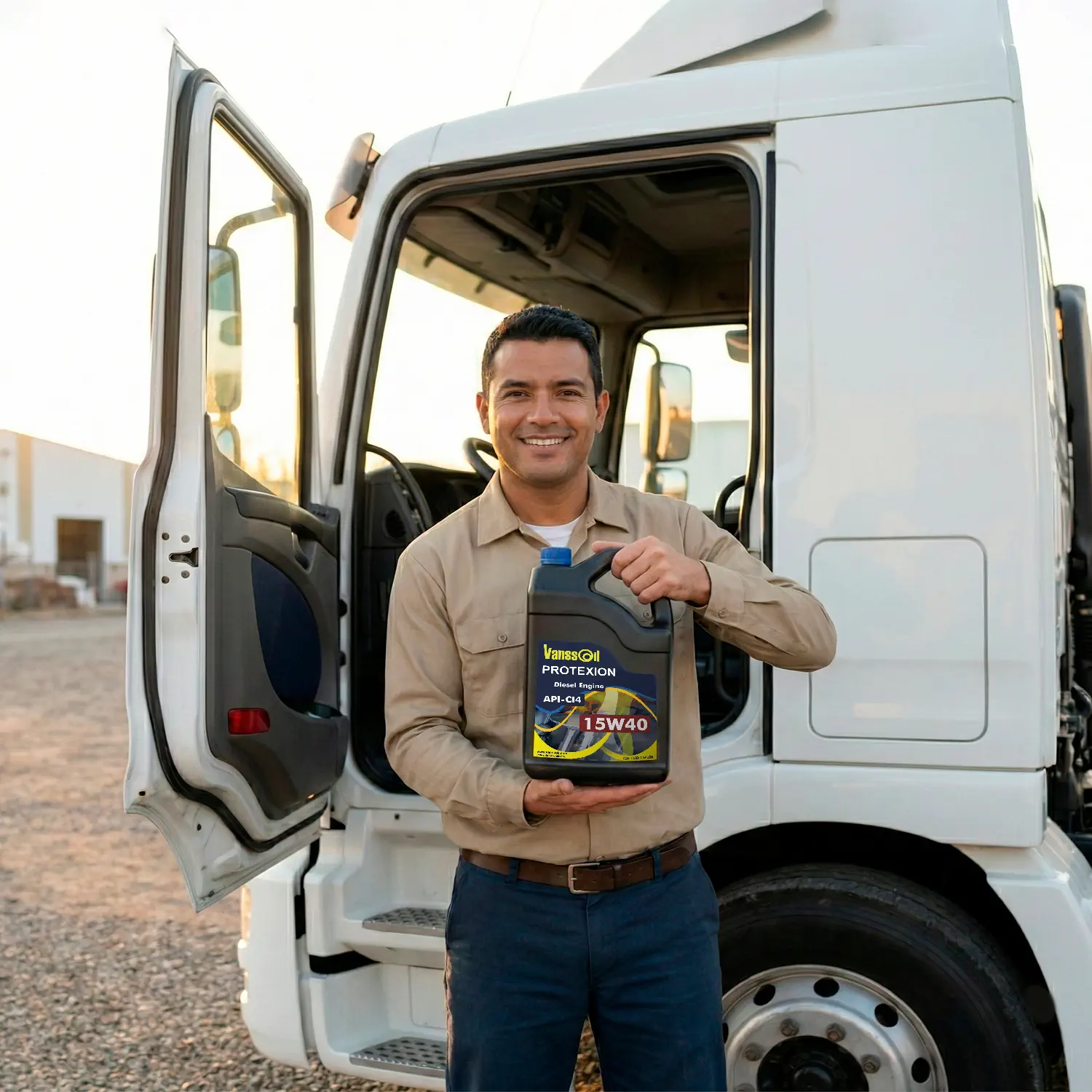 conductor camion sosteniendo galon 15w40 vanssoil