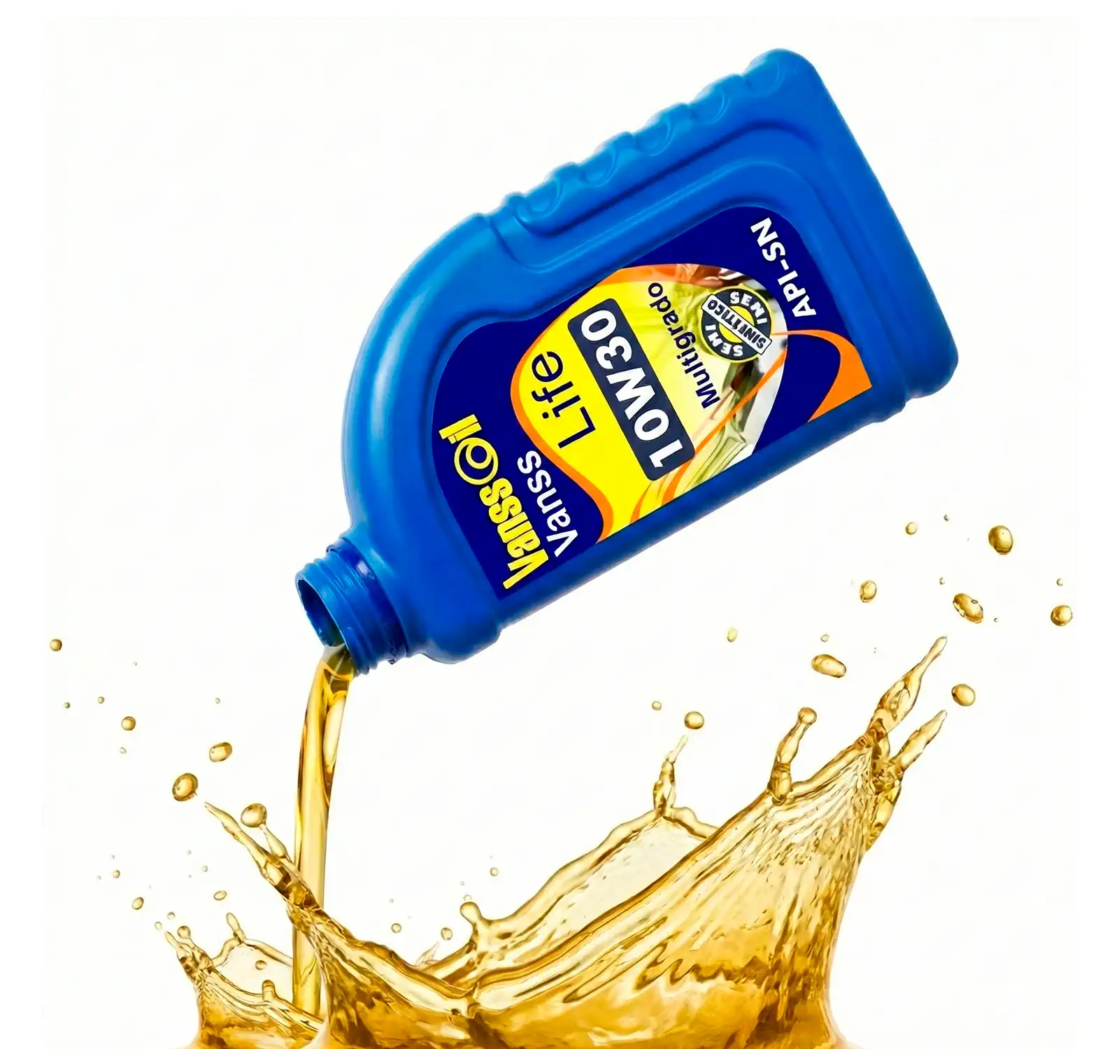 cuarto 10w30 destapado chorreando aceite fondo blanco