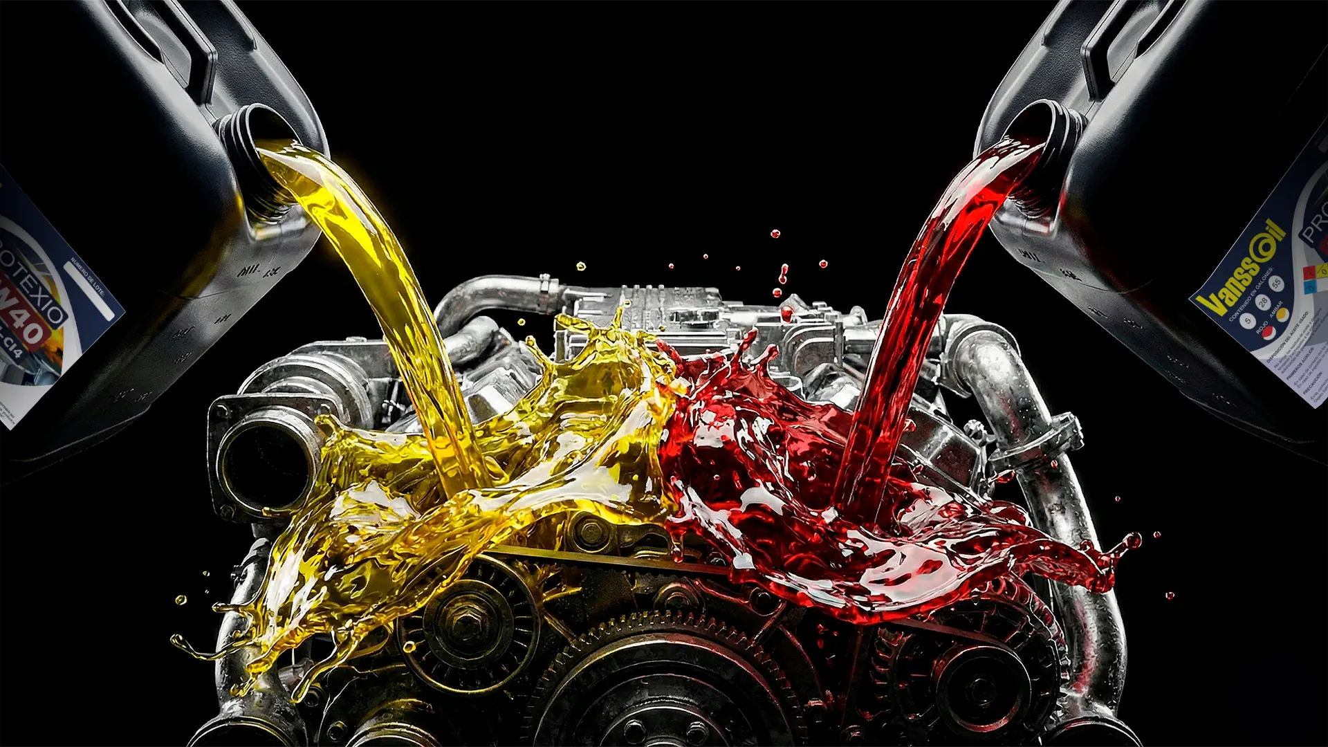 dos garrafas 15w40 vanssoil ambar y rojo chorreando aceite sobre motor camion