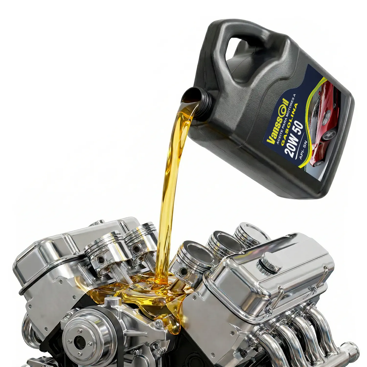 galon 20w50 chorreando aceite a pistones en motor carro fondo blanco