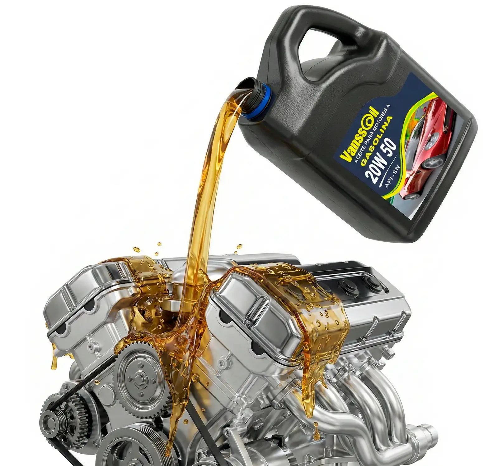 galon 20w50 chorreando aceite a un motor fondo blanco