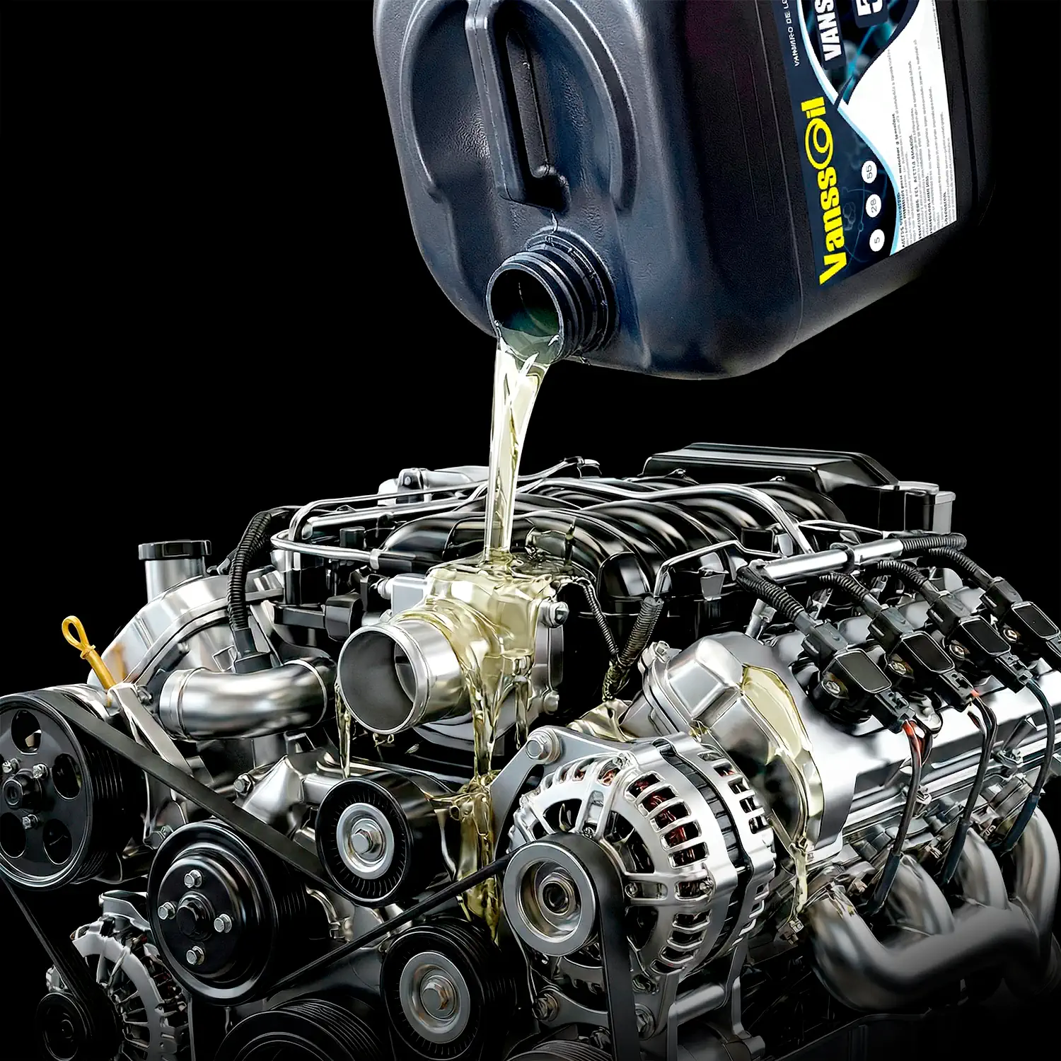 garrafa 5w30 vanssoil chorreando aceite a motor camioneta 4x4 fondo negro