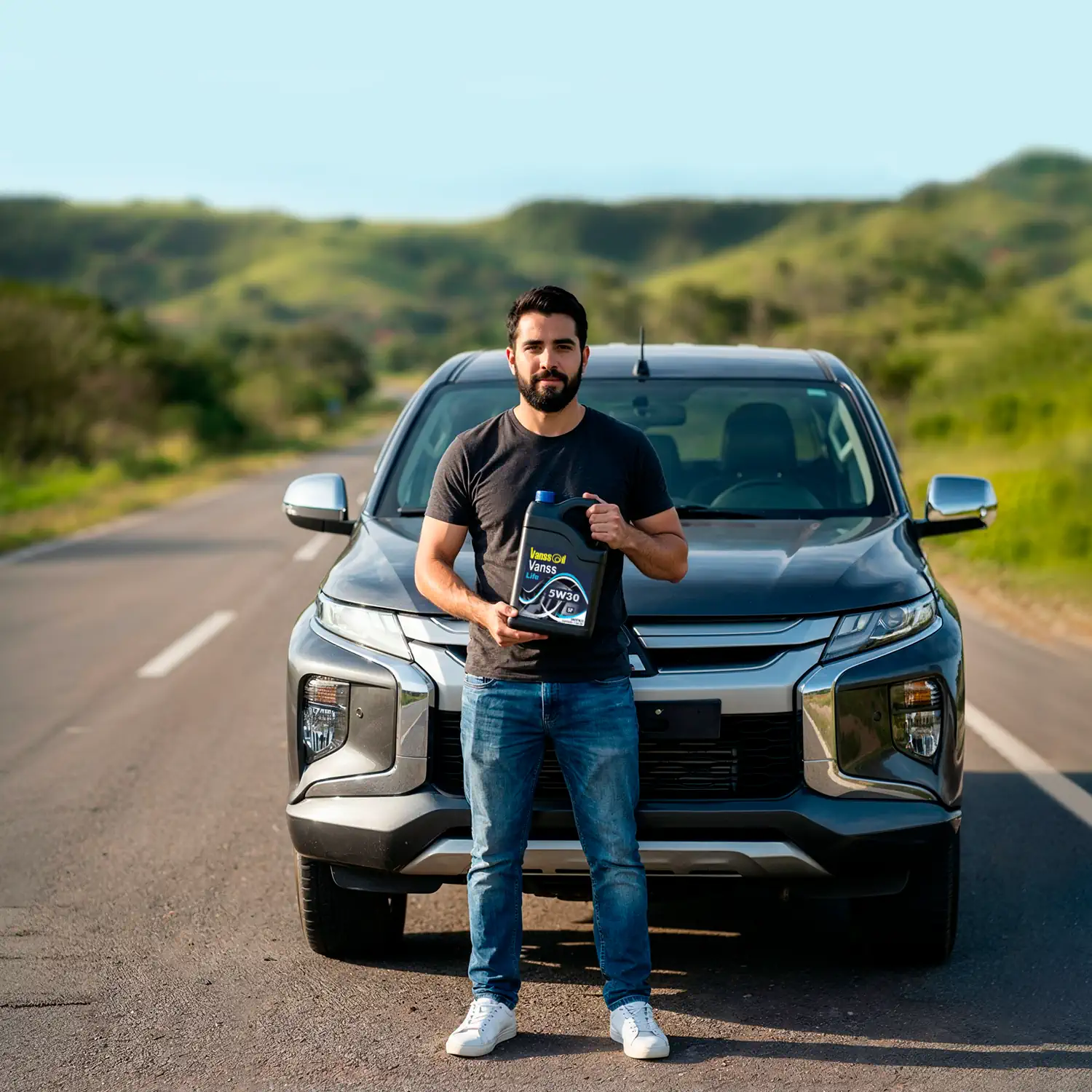 hombre en frente de camioneta 4x4 sosteniendo galon 5w30 vanssoil