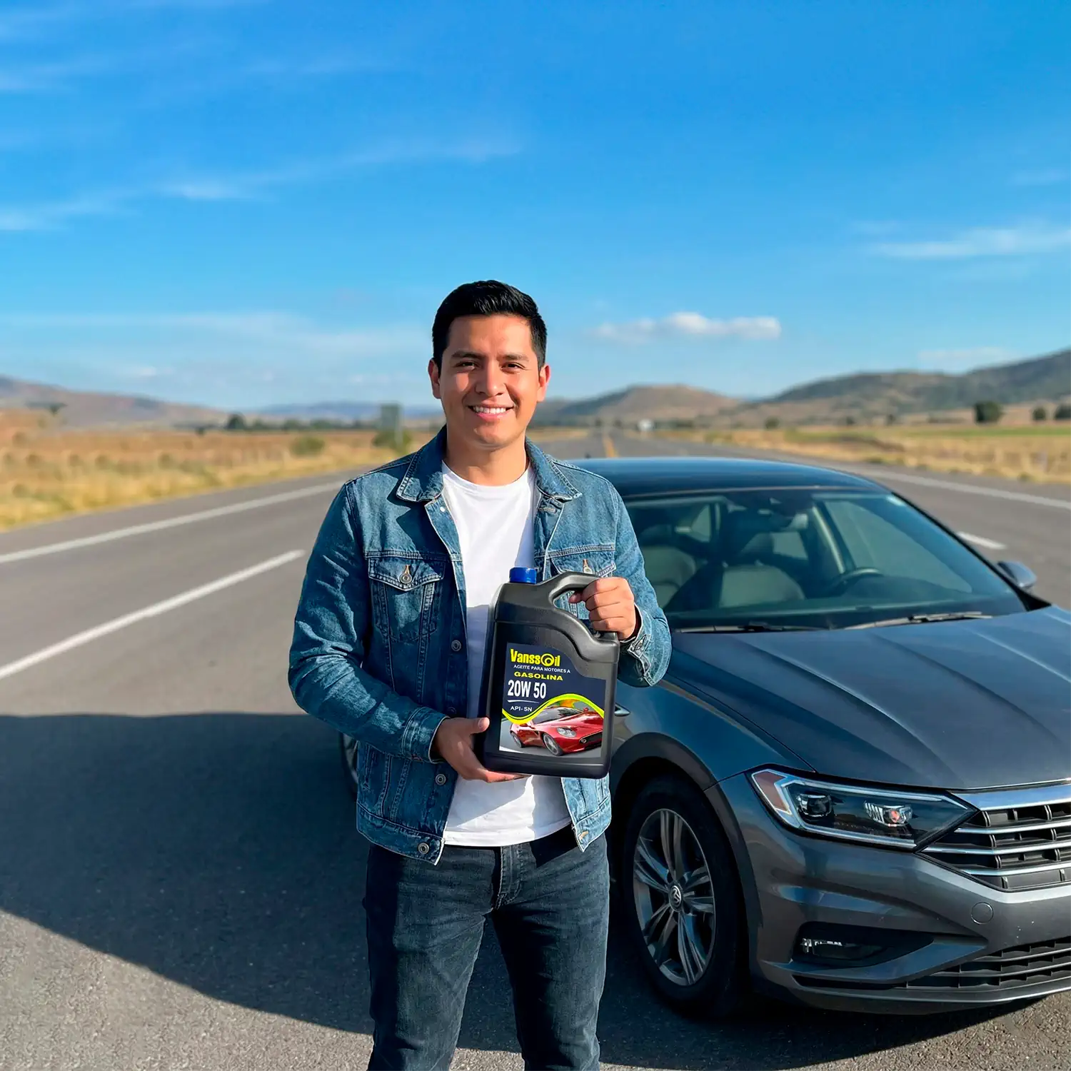 hombre sosteniendo envase 20w50 vanssoil delante de un carro