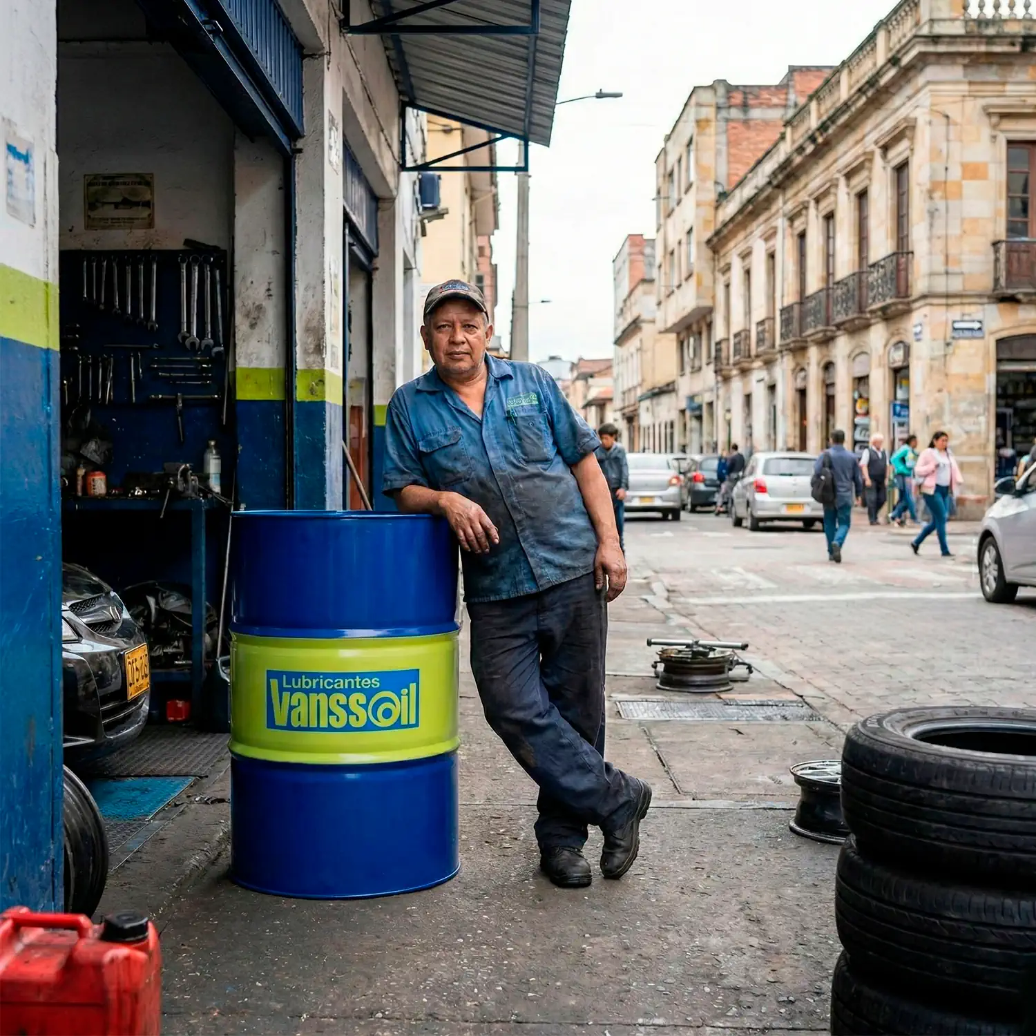hombre tecnicomecanico en taller junto a tambor vanssoil