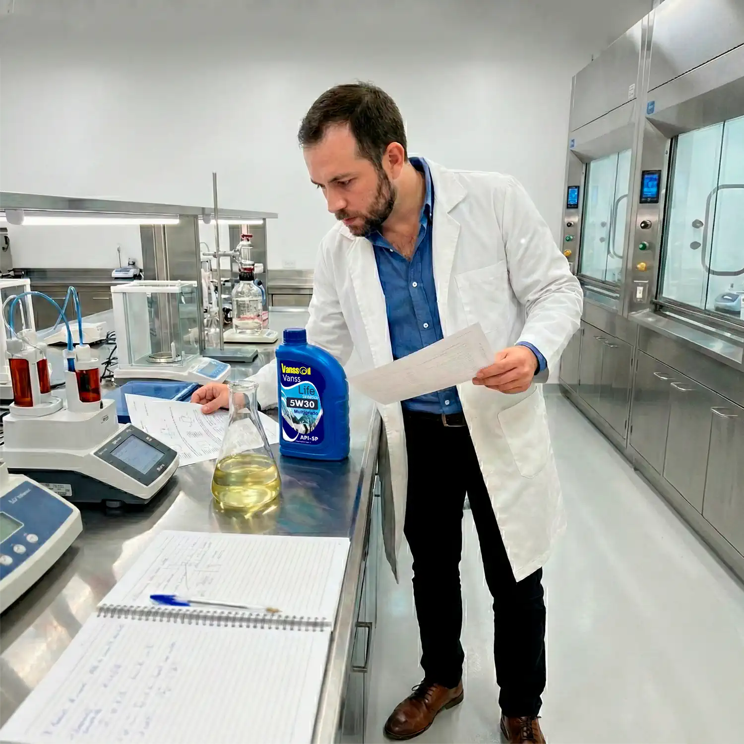 ingeniero quimico analizando aceite 5w30 vanssoil