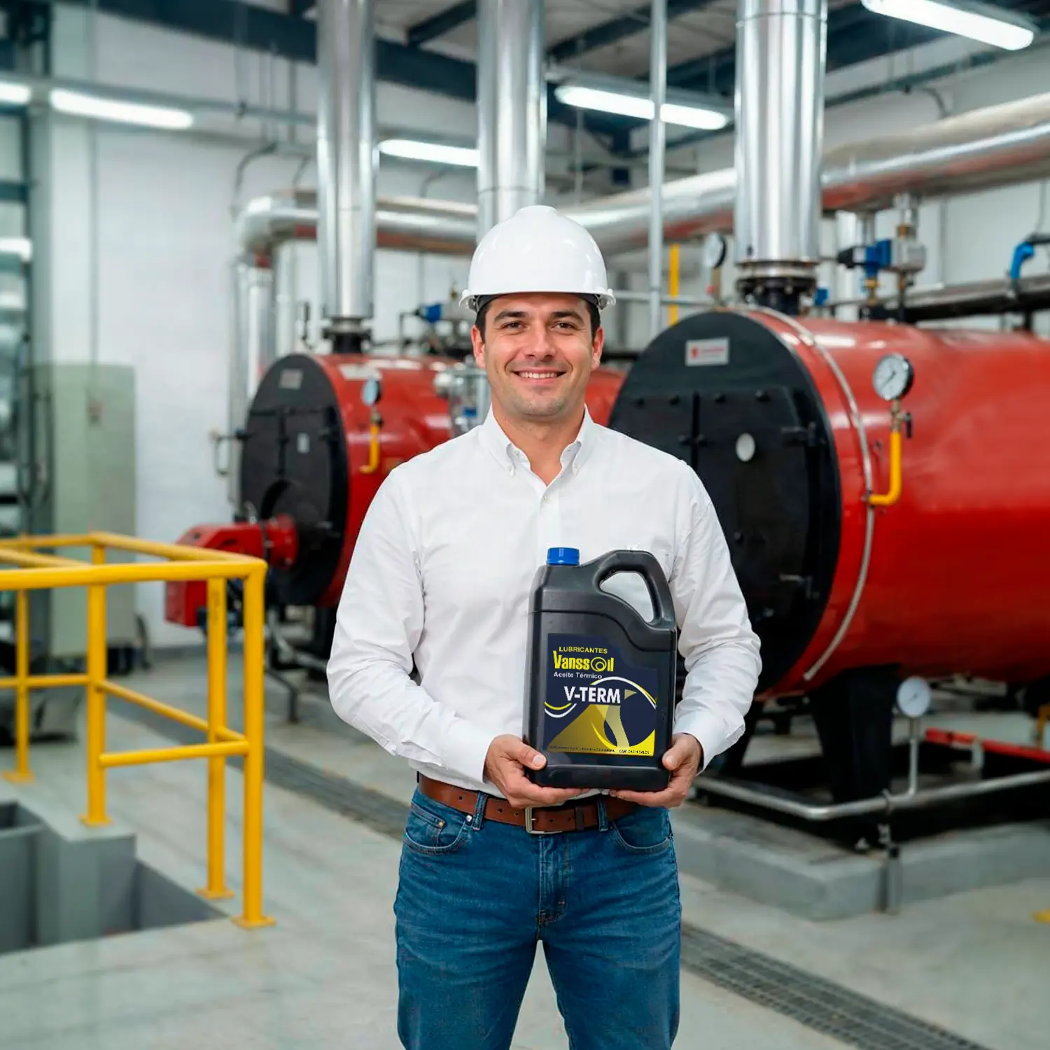 jefe de planta sosteniendo galon aceite termico planta calderas