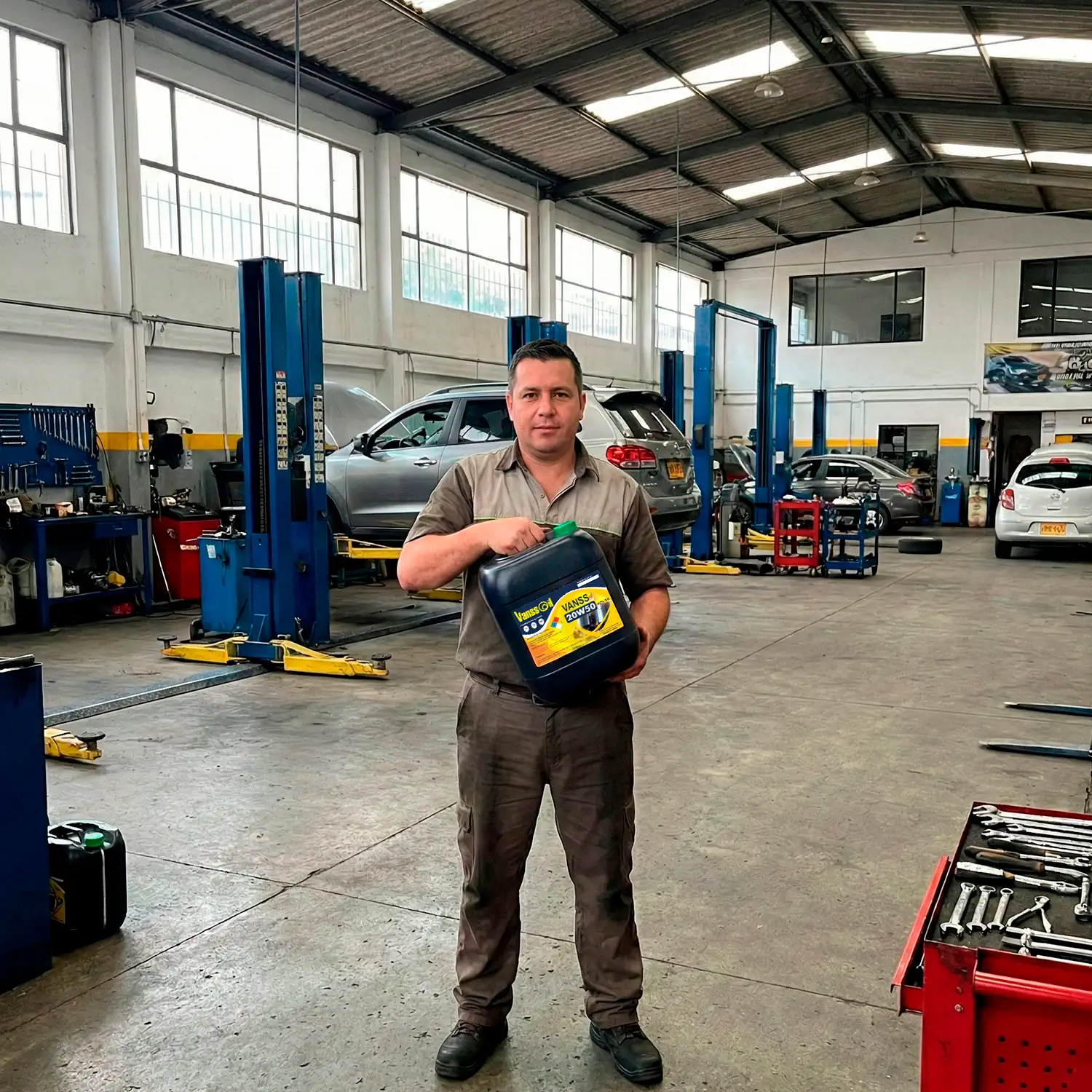 tecnicomecanico sosteniendo garrafa 20w50 vanssoil en taller