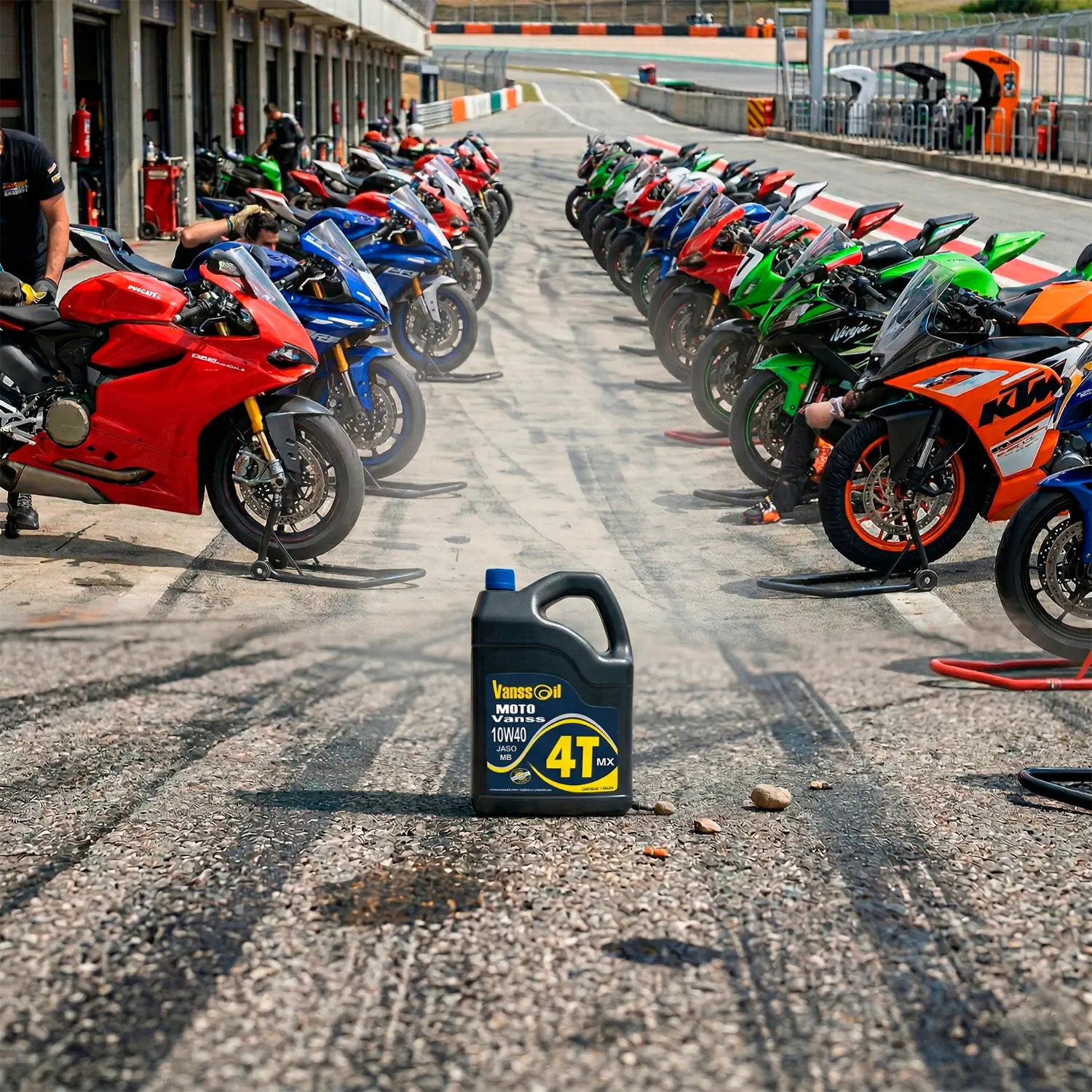 galon 10w40 4t vanssoil en asfalto con muchas motos