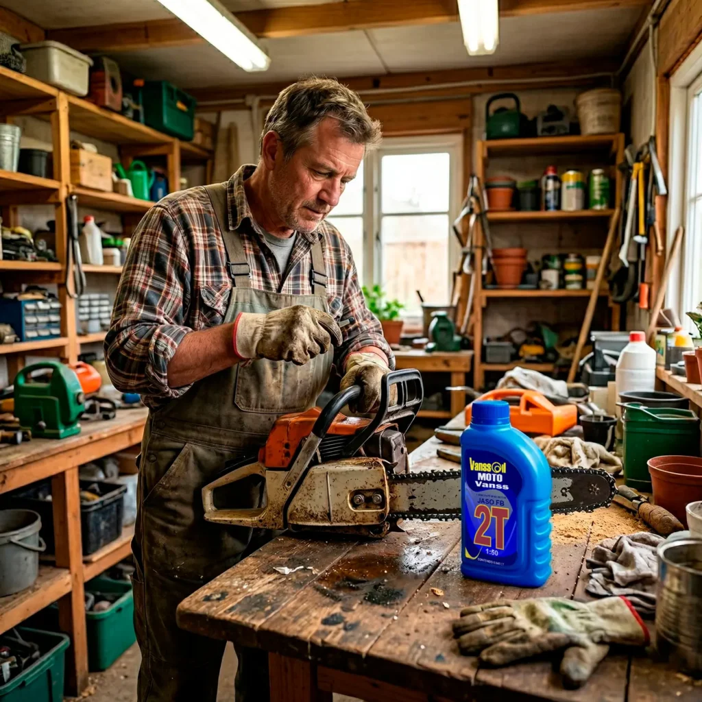 jardinero con su motosierra al lado esta aceite 2t fb vanssoil