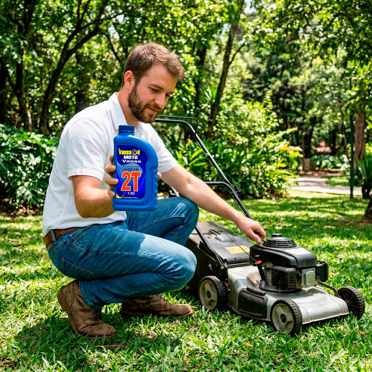 jardinero sosteniendo aceite 2t fb vanssoil en el cesped con podadora 2 tiempos