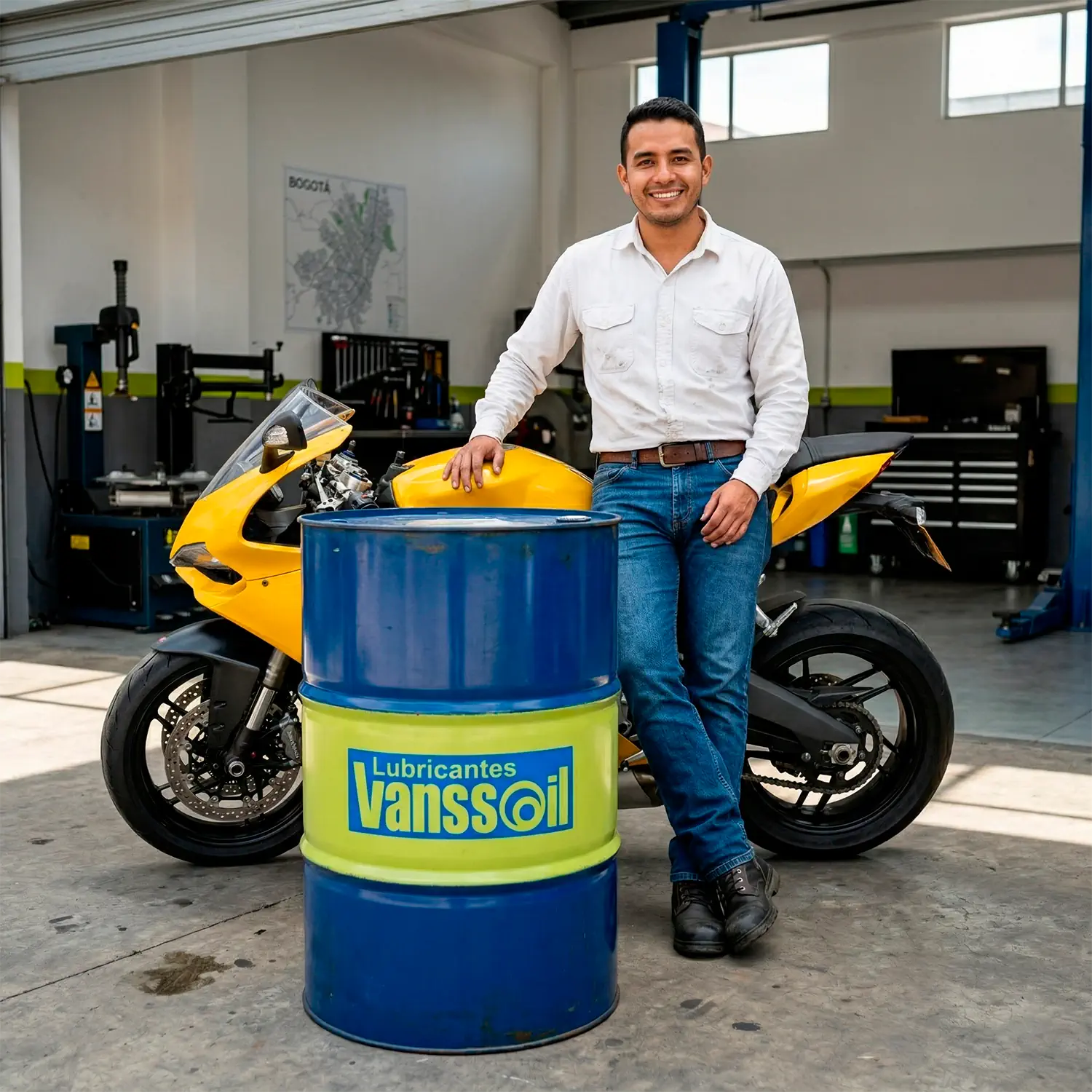 jefe de planta recostado en una moto y al frente un tambor de vanssoil