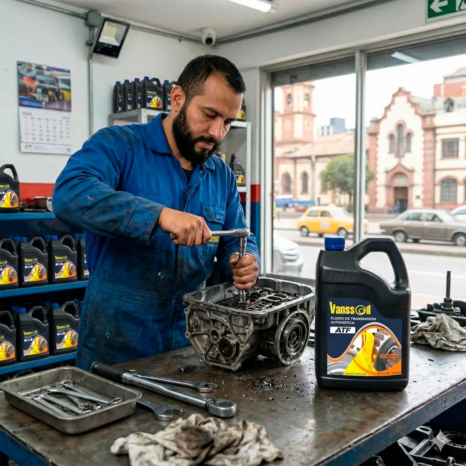 mecanico al lado de atf vanssoil en taller tecnicomecanico