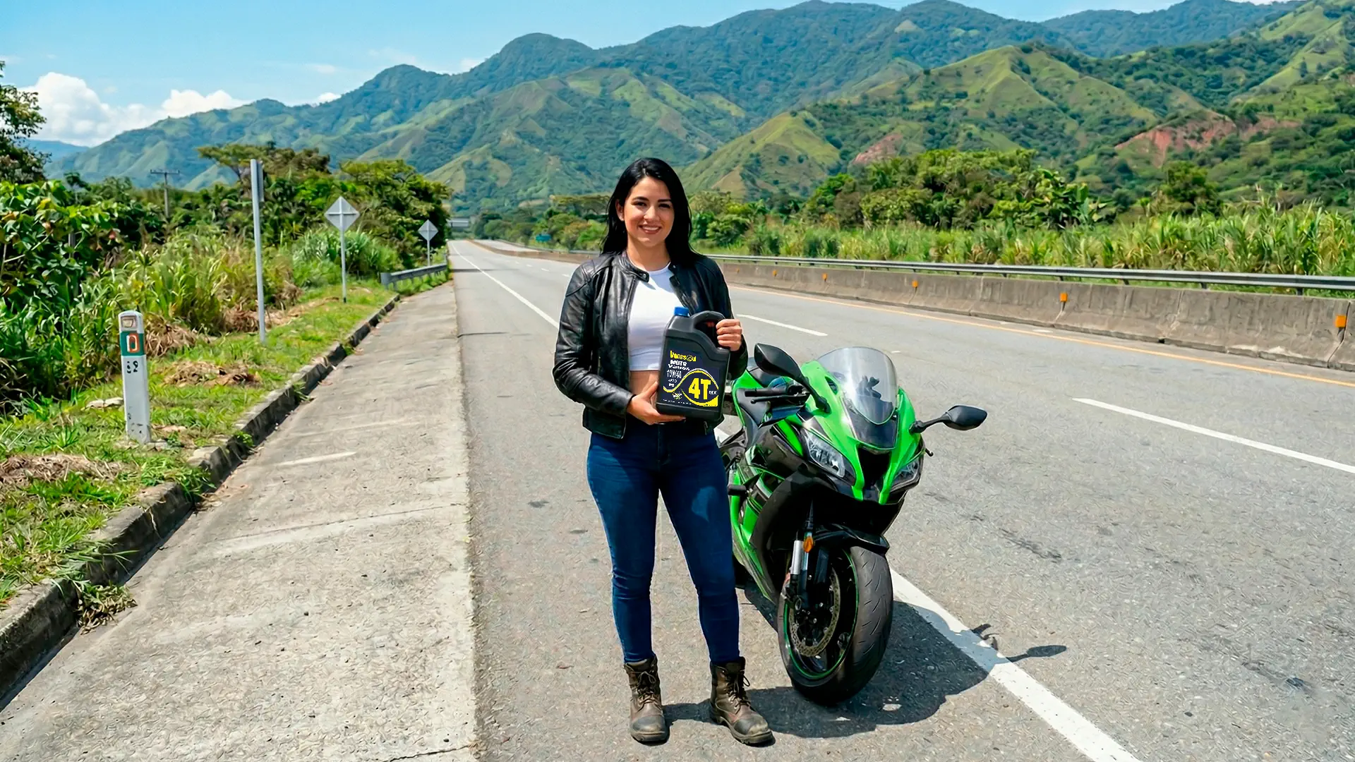 mujer en carretera sosteniendo galon 10w40 4t vanssoil horizontal