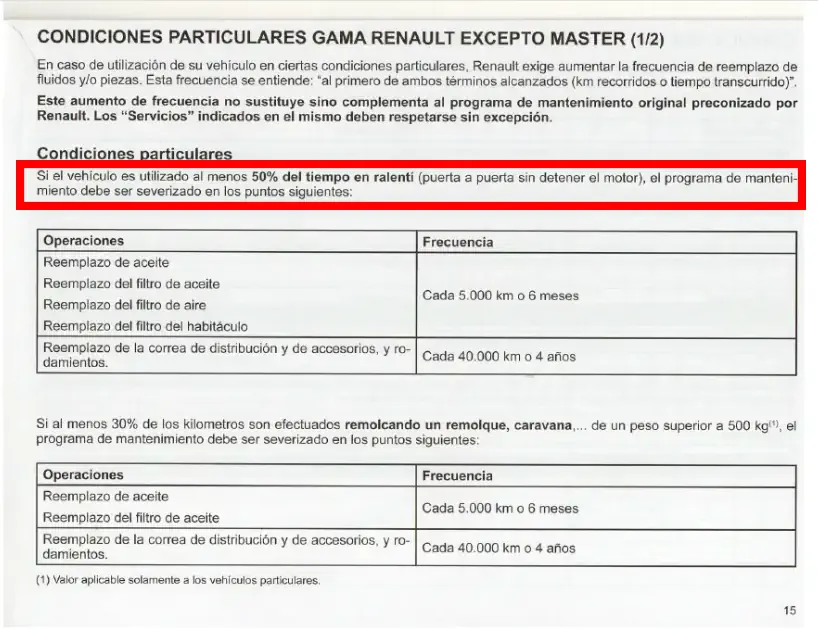 programa de mantenimiento gama renault 2011 condiciones en ralenti